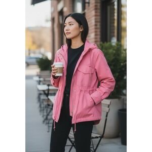 Coach Womens Pink Hooded Utility Field Jacket Parka XS Drawstring Waist Full Zip